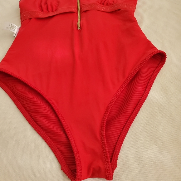 Heidi Klein red one piece swim suit size Medium gold zipper ribbed fabric lined - Picture 14 of 16